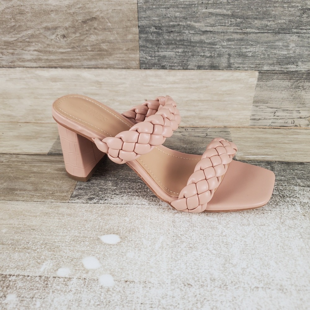 Dunes Iris Womens Heel Sandals Sz 7.5 M Blush Slip On braided Heel Square Toe